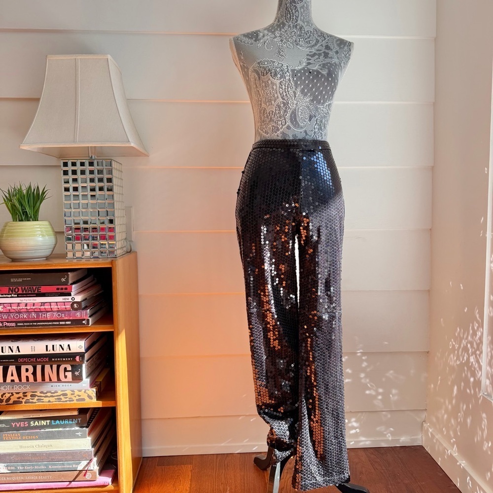 Vintage Black Sequin Bootleg Pants Holiday JS Collections 26” waist - Picture 2 of 5